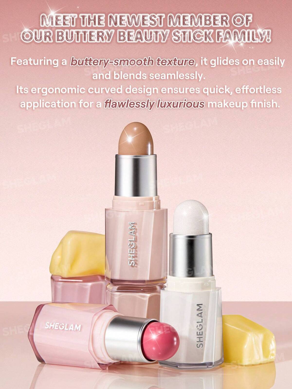 Sheglam buttery bliss blush stick SHEGLAM buttery bling highlight stick SHEGLAM contour stick 
