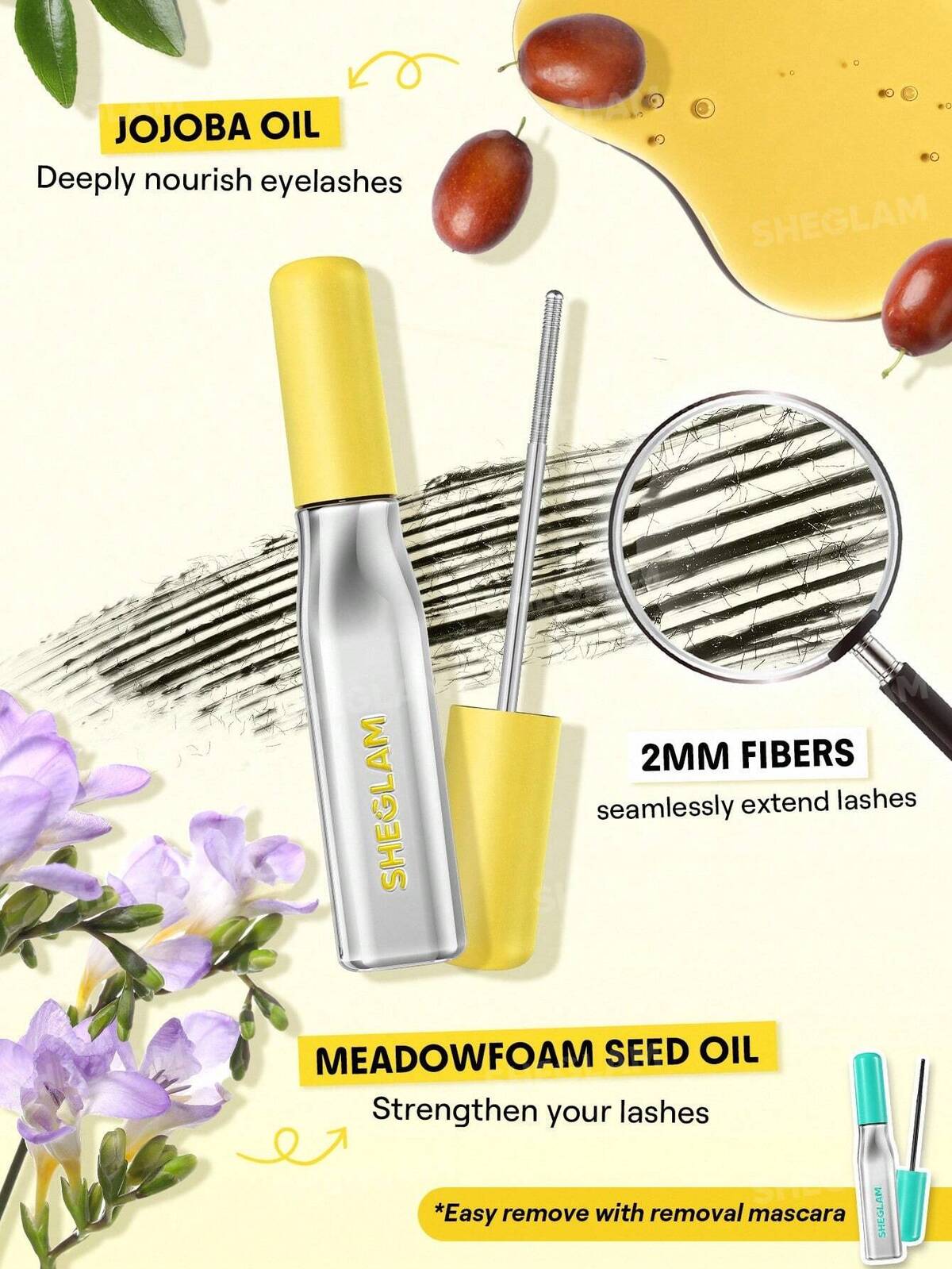 Sheglam lashlighter iron curl mascara 
Sheeglam mascara with yellow cap and silver body, surrounded by jojoba oil seeds and meadowfoam seed oil, on a light background.